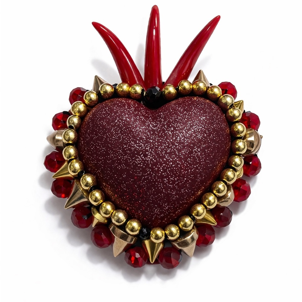 Sparkling Red Heart Brooch with Gold Bead Detail